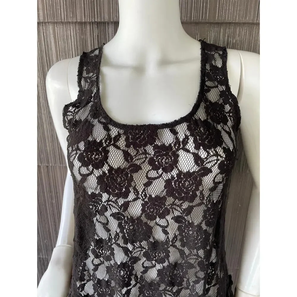 🔥Free People Black Lace Sheer Fit Flare Tiered Mini Dress Coquette Goth Grunge